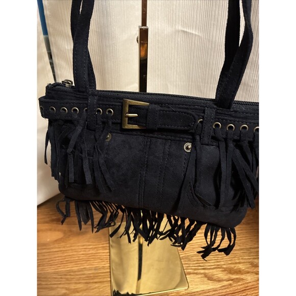 Black Fringe Boho Western Purse Shoulder Handbag 2 straps Faux Suede Belt - Picture 1 of 16